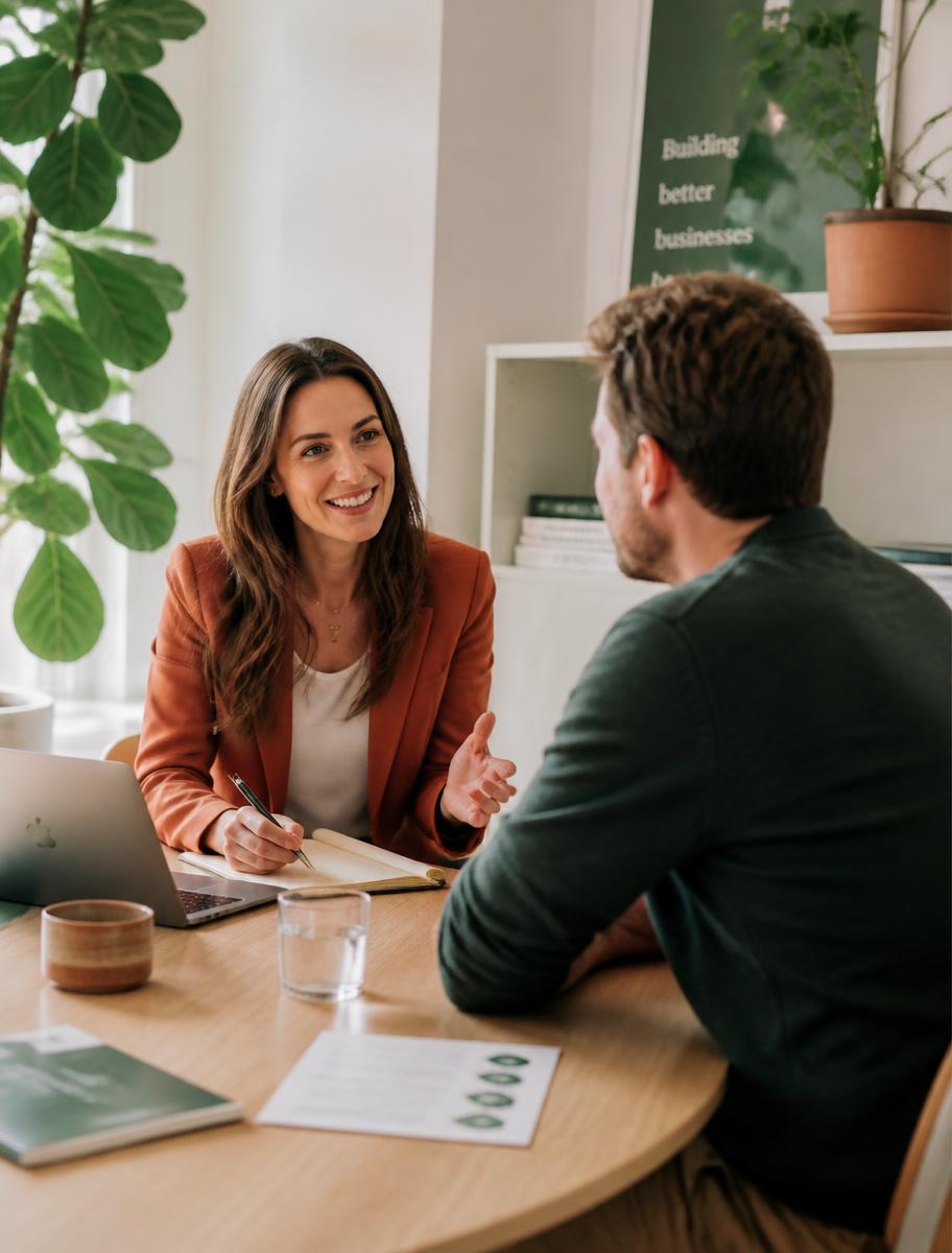 Two consultants having a warm, focused conversation in a bright modern office with green plants